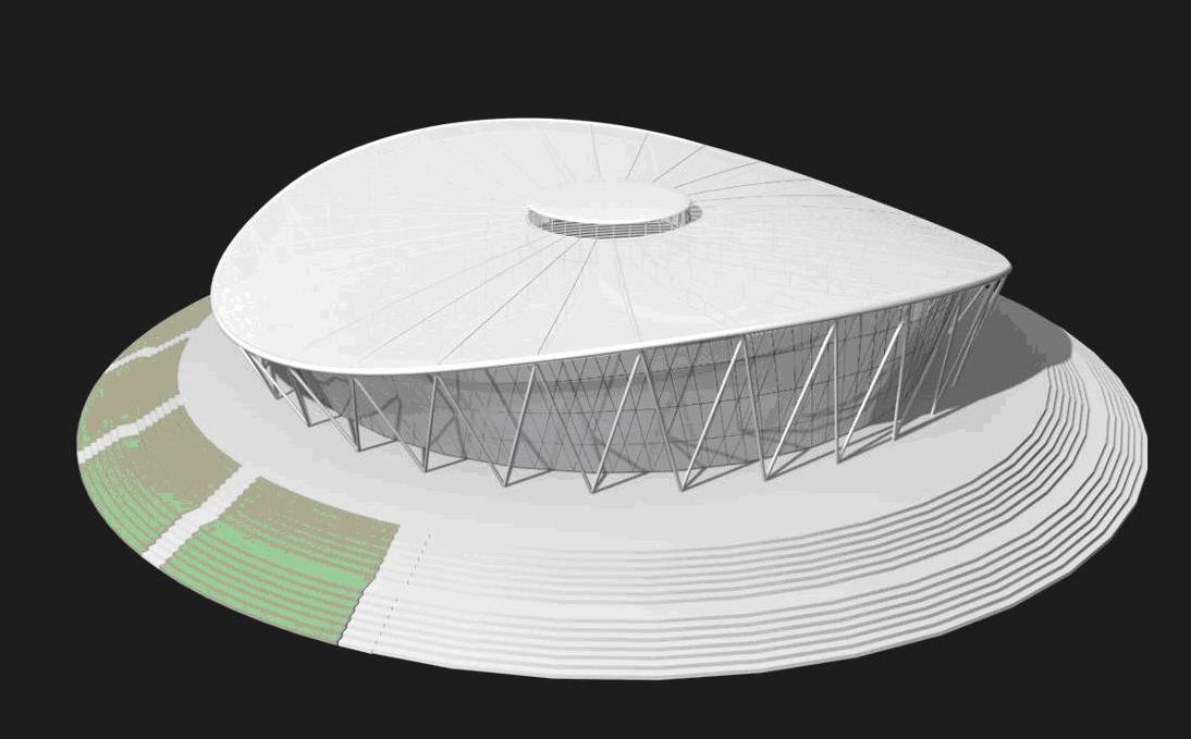 圓形屋頂由外圈直徑157米的壓縮環形平面、半徑32米的索桁架和兩個內圈直徑34米的張拉環組成。張拉環的最高點和最低點相差13米，通過波浪起伏的傾斜式連接，整個屋頂形成了一個鞍狀結構。